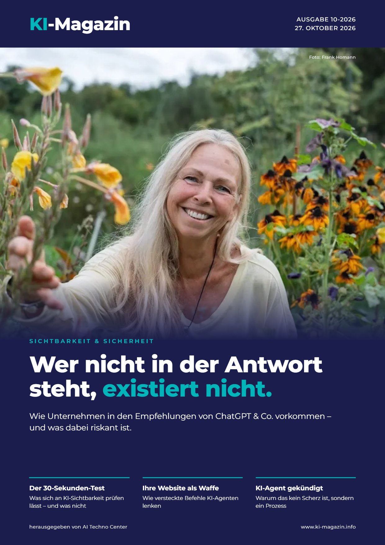 Titelseite KI-Magazin Ausgabe 10-2026 mit der Schlagzeile „Wer nicht in der KI-Antwort steht, existiert nicht.“
