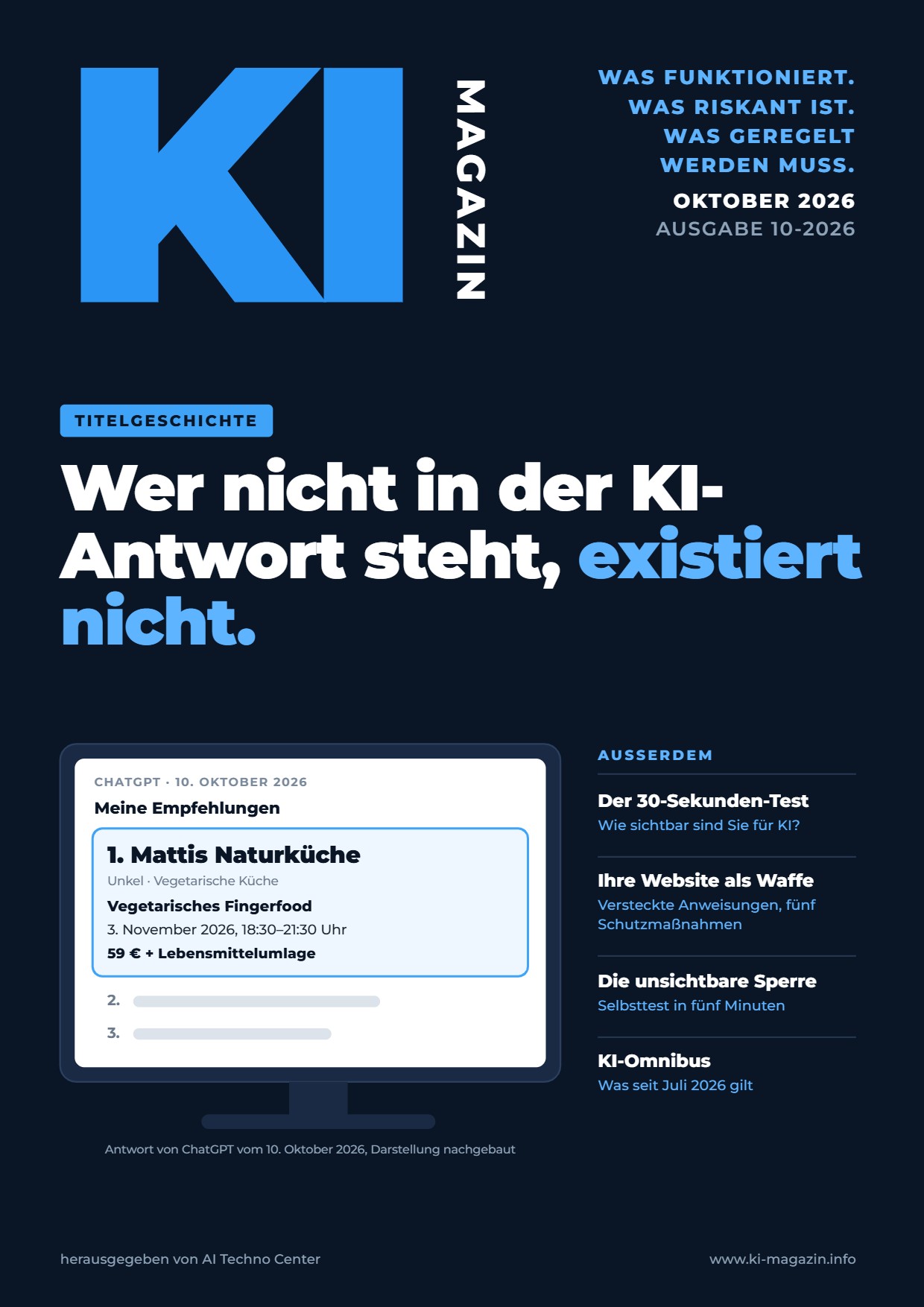 Titelseite KI-Magazin Ausgabe 10-2026 mit der Schlagzeile „Wer nicht in der KI-Antwort steht, existiert nicht.“