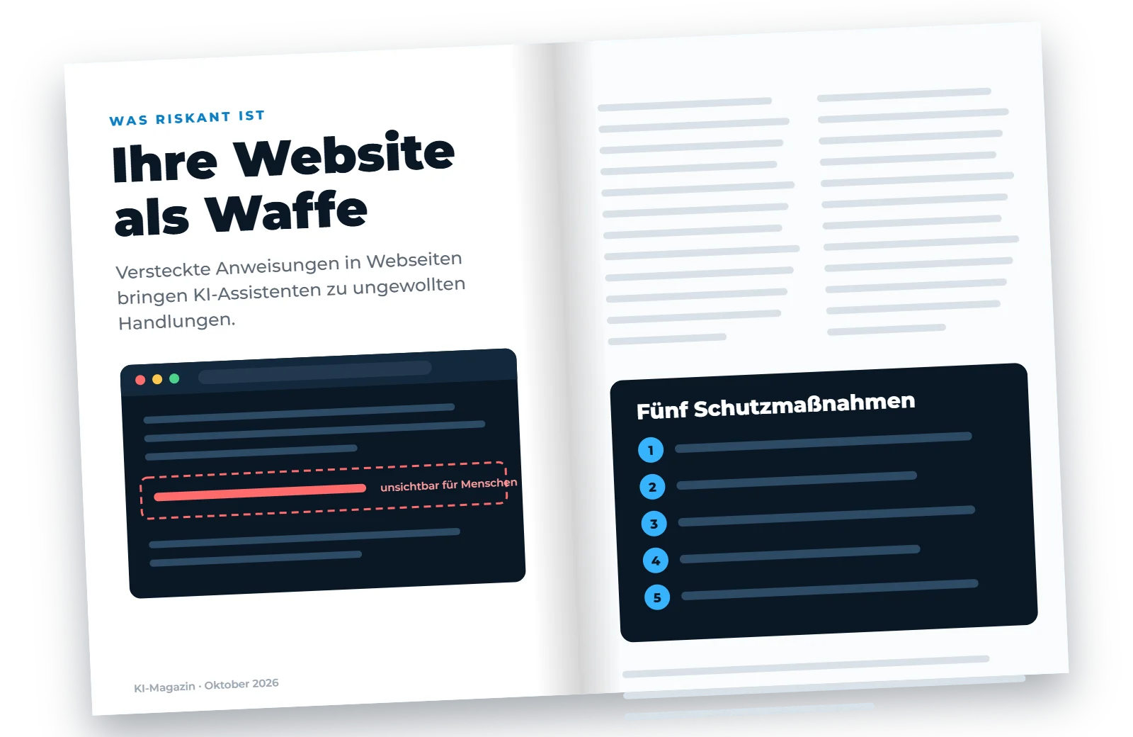 Aufgeschlagene Doppelseite des KI-Magazins mit dem Artikel „Ihre Website als Waffe“