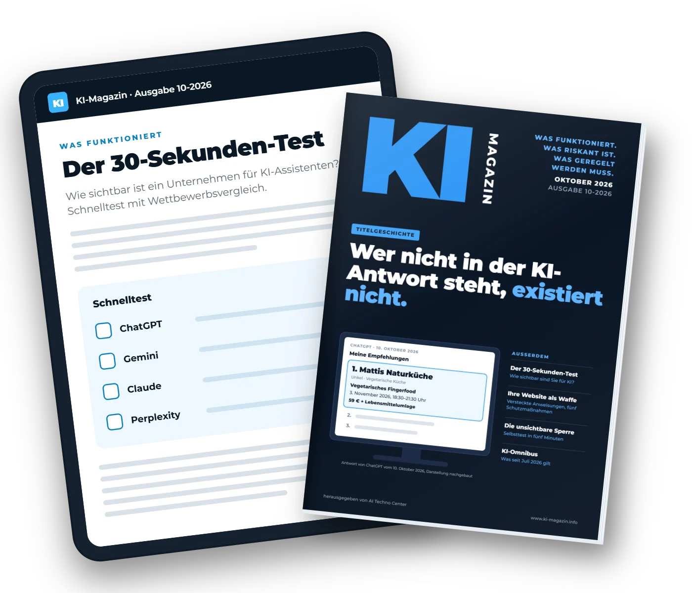 KI-Magazin Ausgabe 10-2026 als gedrucktes Heft und auf dem Tablet mit dem Artikel „Der 30-Sekunden-Test“